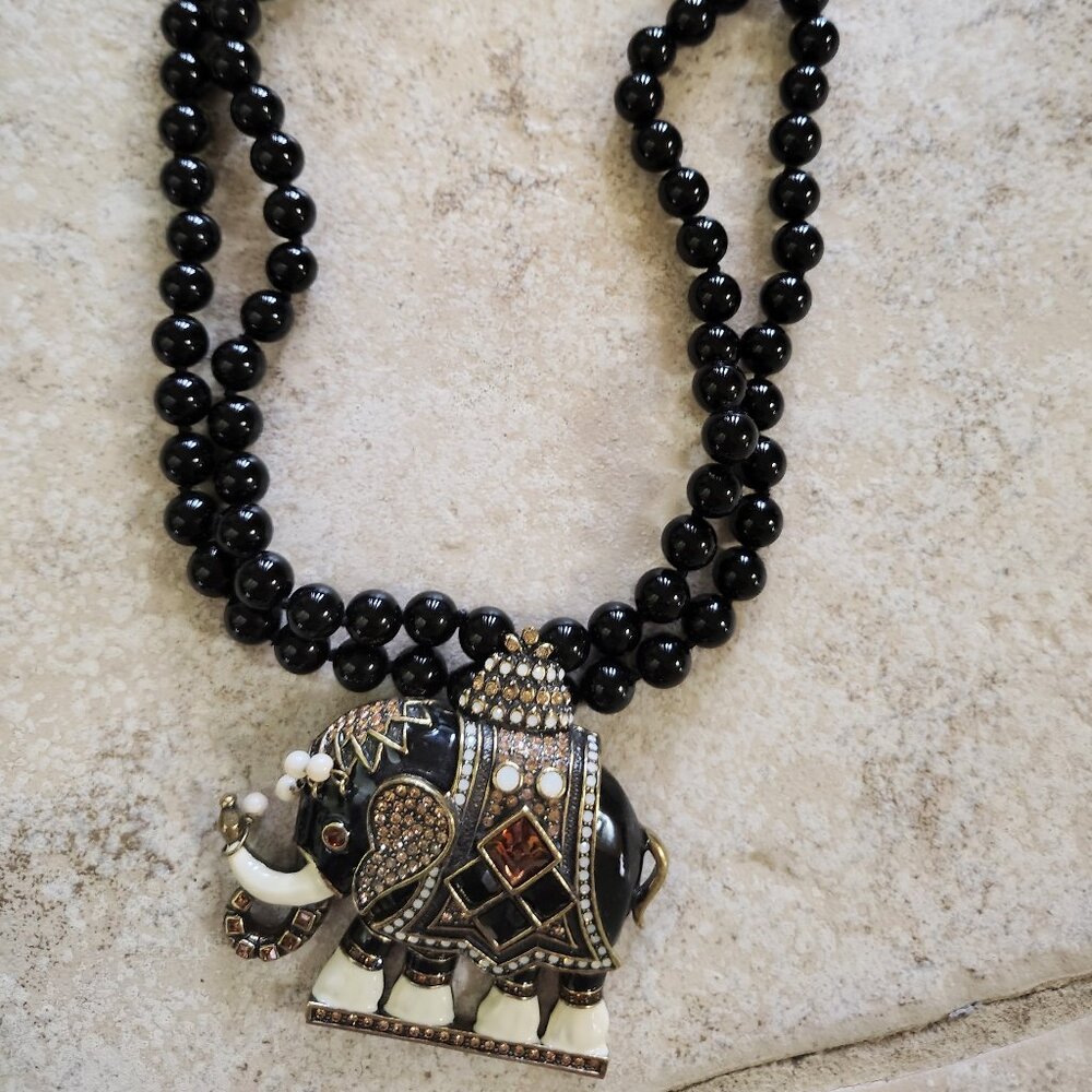 Heidi Daus signed large enamel elephant pendant beaded statement necklace